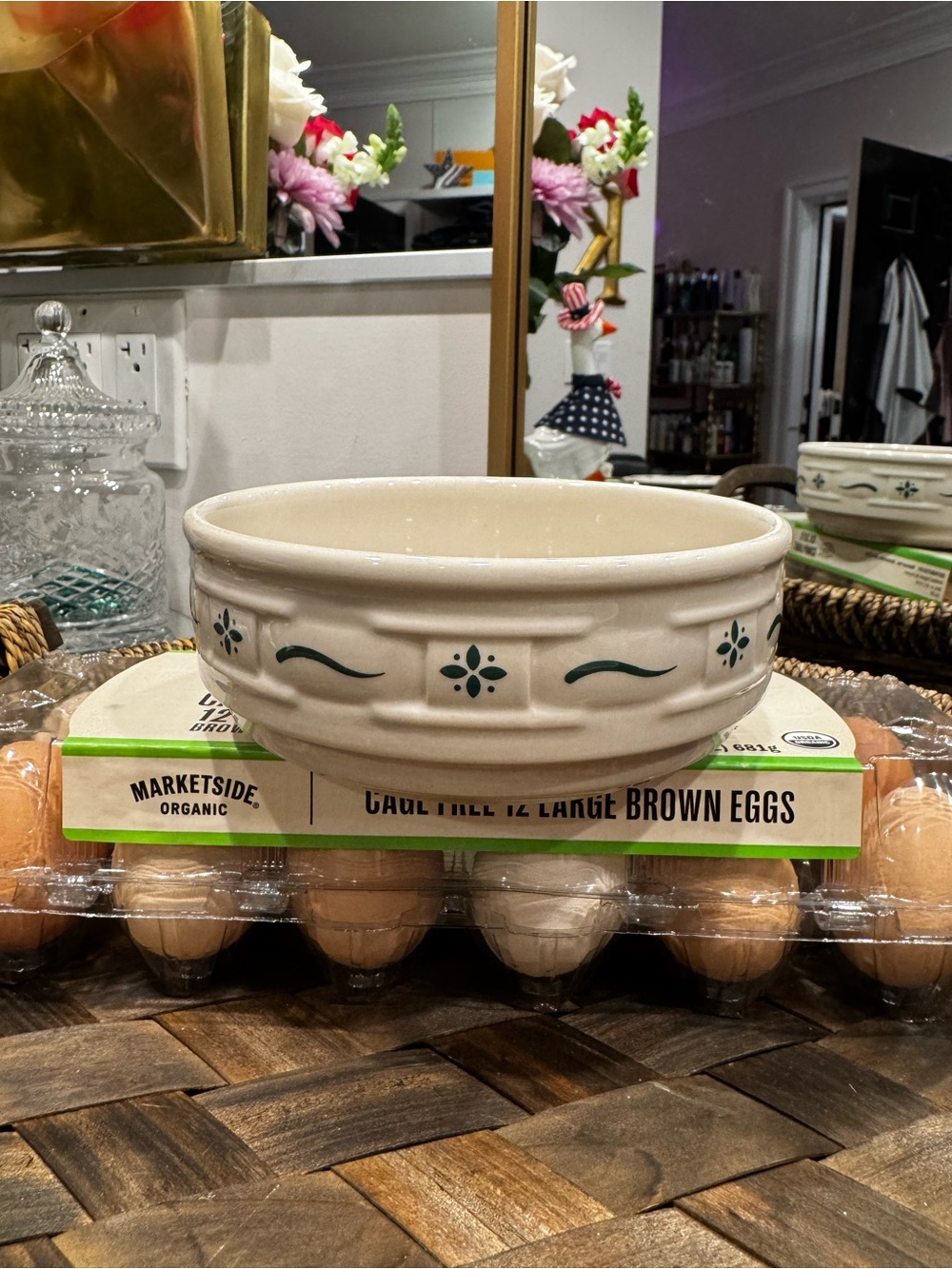 Longaberger Cream Ceramic Bowl with Green Floral Accents